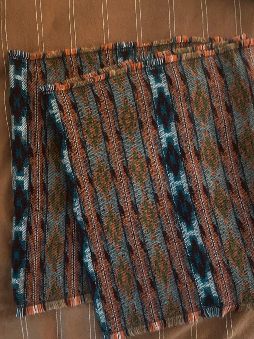 Bohemian Patterned Woven Infinity Scarf in Teal and Brown
